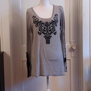Maurices black and white striped top with embroidered sleeves